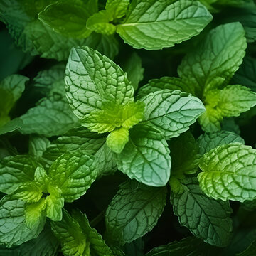 Green mint leaves close up, top view, gardening theme. Generative AI
