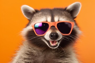 young music animal pet portrait yellow background party raccoon fun glasses. Generative AI.
