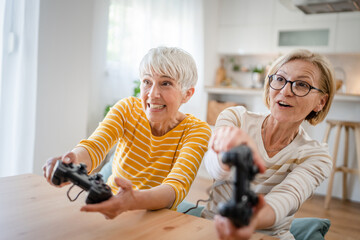 Two senior women caucasian friends or sisters play console video game