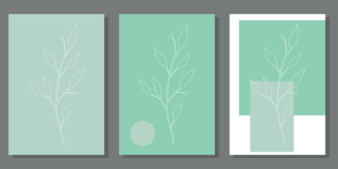 Set of creative minimalist paintings with botanical elements and shapes. For interior decoration, print and design