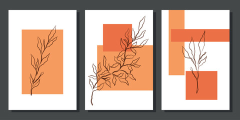 Set of creative minimalist paintings with botanical elements and orange shapes. For interior decoration, print and design