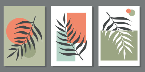 Fototapeta na wymiar Set of creative minimalist paintings with botanical elements and orange and green shapes. For interior decoration, print and design