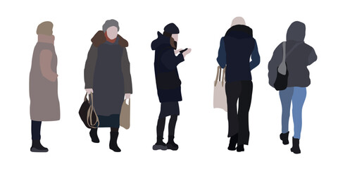 Set of drawings of women on the street in winter clothes. 2D image for use as an entourage. Vector flat city infographics.