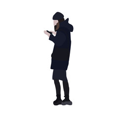 The girl is walking down the street in winter clothes. Vector flat city infographics.