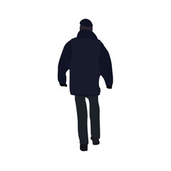 A young guy is walking down the street in winter clothes. 2d image for use as an entourage. Vector flat city infographics.