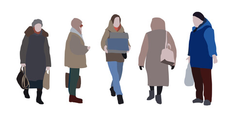 Set of drawings of women on the street in winter clothes. 2D image for use as an entourage. Vector flat city infographics.