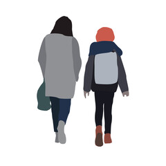 Set of drawings of people on the street in winter clothes. 2D image for use as an entourage. Vector flat city infographics.