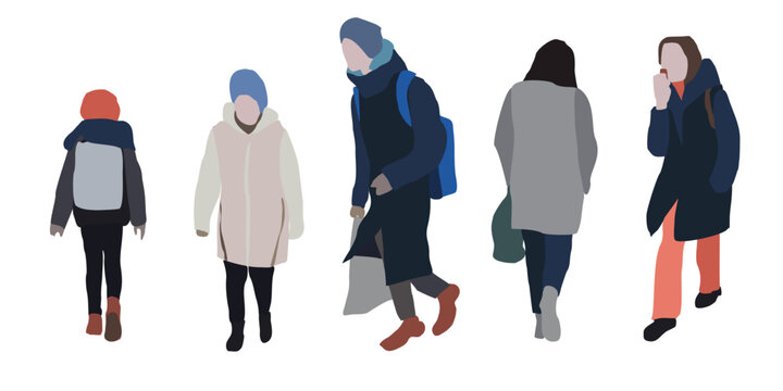 Set of drawings of women on the street in winter clothes. 2D image for use as an entourage. Vector flat city infographics.