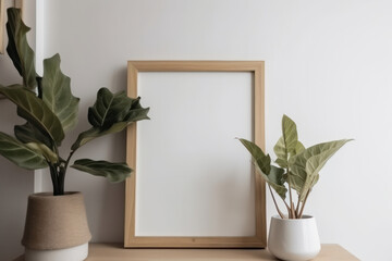 Modern interior design featuring a wooden table, potted plant, and mockup picture frame. AI Generative technology creates a lifelike image.