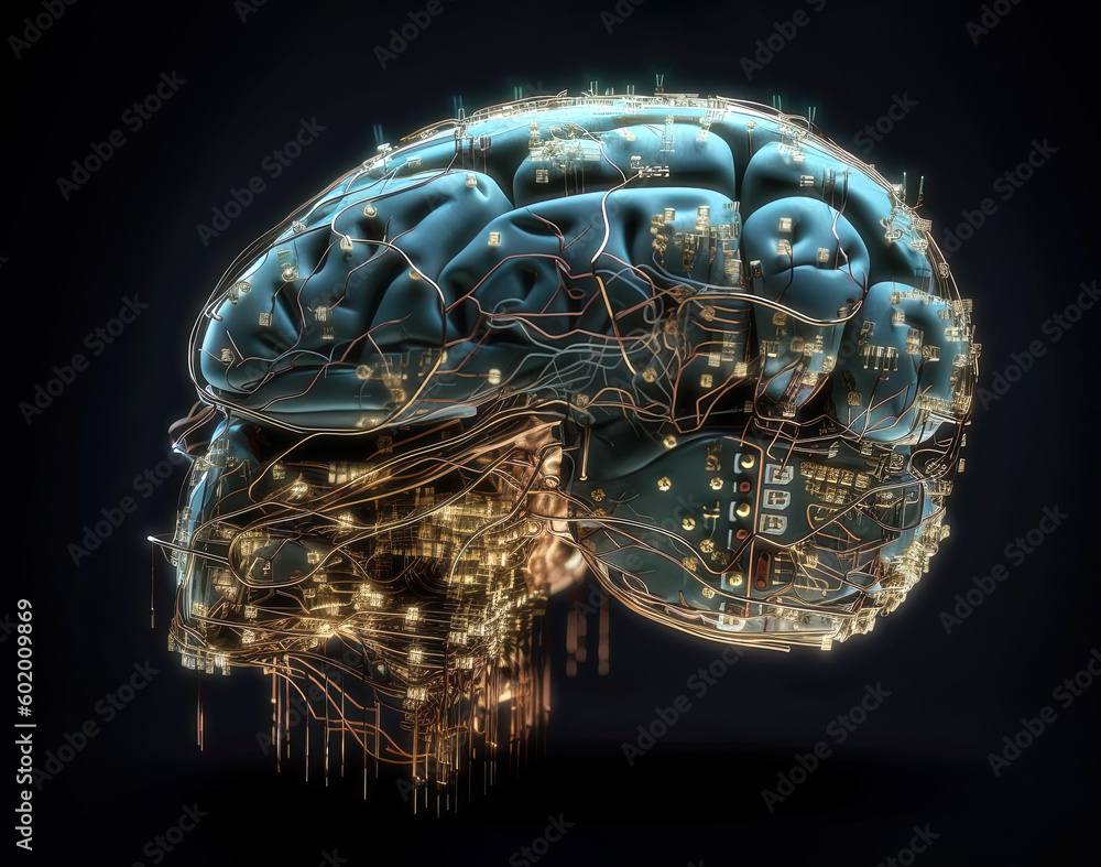 Poster human brain merged with circuitry, metaphor for ai and human-machine interfaces