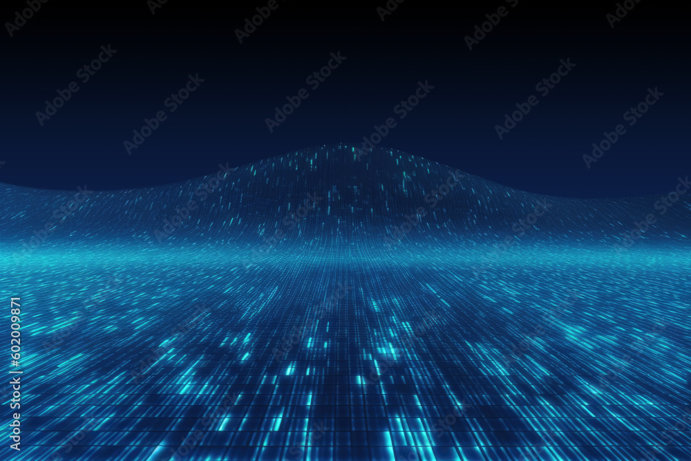 Poster glowing blue digital wave, futuristic data visualization abstract background