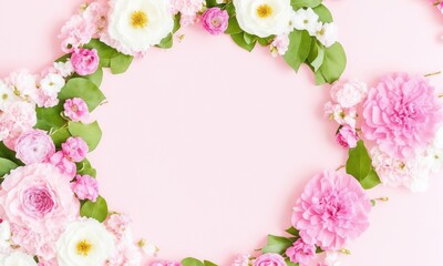 Different small flowers in a wreath on pink background with copy space. Abstract natural floral frame layout with text space. Romantic feminine flatlay (Generative AI)