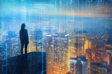 Fototapeta na wymiar A woman standing on top of skyscraper looking at futuristic city surrounded by glowing holographic data