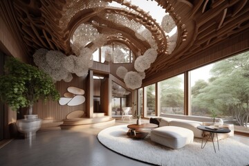 Luxury wooden modern home interior. Generative AI.