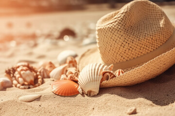 Fototapeta na wymiar Vacation essentials still life with seashells, starfish, and a hat on a sandy beach, AI Generative.