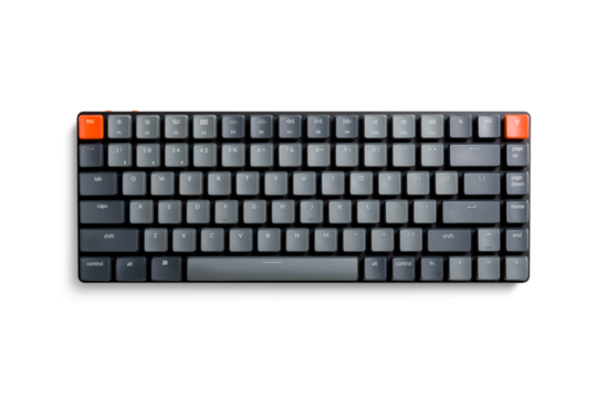 Top view of a black mechanical keyboard, computer keyboard, isolated on a transparent background, PNG. High resolution.
