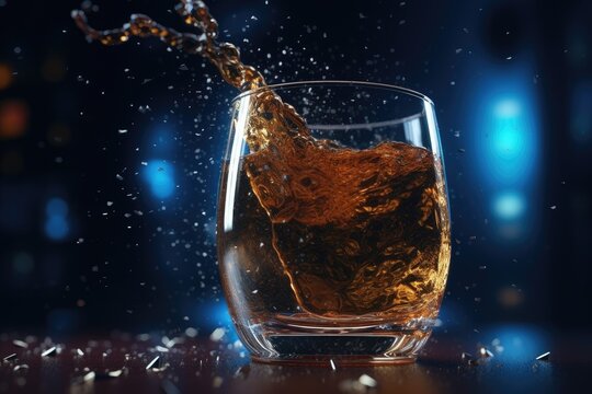 A glass of whiskey with splashes. Generative AI.