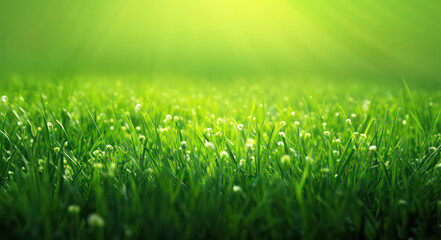 Fototapeta na wymiar Vivid green grass and sunbeams on a lawn, close up, generative AI realistic illustration