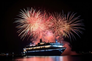 Cruise ship in the sea with colorful fireworks in the night background. Generative AI.