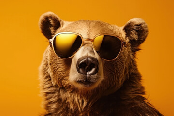 Fototapeta premium Fashionista bear A brown bear up close wearing sunglasses, showing off its fashion sense in the wild. Ideal for travel and adventure-themed designs. AI Generative.