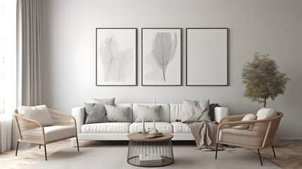 Modern scandinavian interior living room. Three picture frame. Empty wall mockup in white room with wooden floor and lots of dry plants. 3d render. High quality 3d illustration