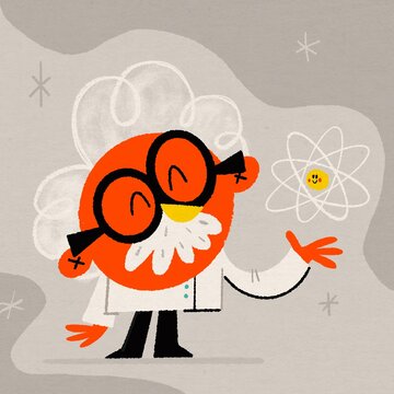 Happy Einstein-like Scientist and Cute Atom Cartoon in Retro Mid-Century Style Flat Design