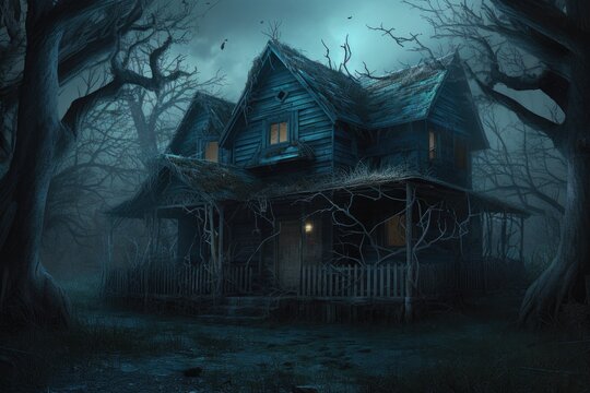 Haunted house in the woods. Generative AI.