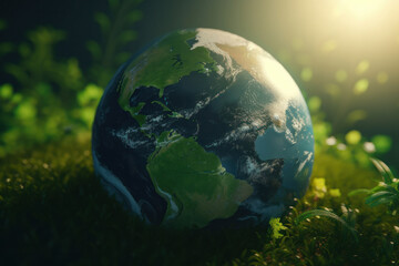 Obraz na płótnie Canvas Environmentally conscious technology, represented by a glass globe resting on verdant moss, in a meadow teeming with life. World Environment Day. AI Generative.