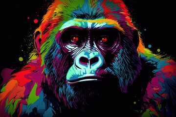 Colorful illustration of Gorilla in the dark background. Generative AI.