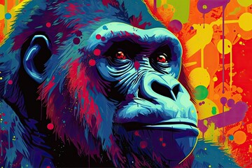 Colorful illustration of Gorilla in the dark background. Generative AI.