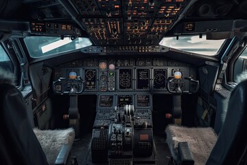 Fototapeta premium The cockpit of airplane. Generative AI.