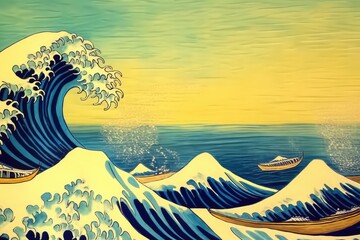 Japan style sea wave at the sunset background. Generative AI.	
