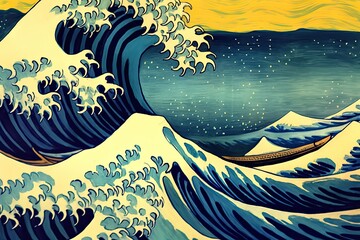 Japan style sea wave at the sunset background. Generative AI.	
