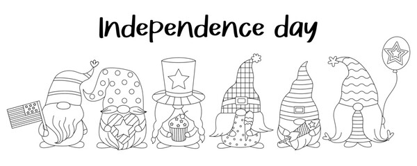 Set cute gnomes with 4th july celebration elements for American Independence Day. Doodle cartoon style. Hand drawn outline.