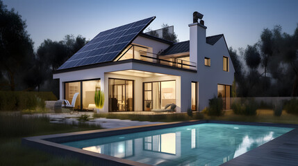 Obraz premium Night view of a beautiful white house with solar panels and a swimming pool