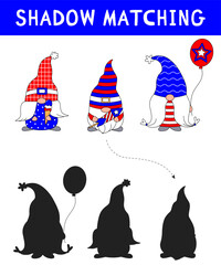 Cute gnomes for American Independence Day. shadow matching activity for children. Simple educational game for kids with leaves. Find the correct silhouette printable worksheet.