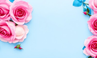 Flowers composition. Rose flowers on blue background. Valentines day, mothers day, womens day concept. Flat lay, top view, copy space (Generative AI)
