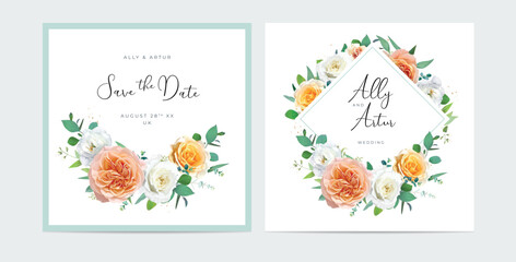 Elegant floral wedding invite, save the date card set. Watercolor peach, yellow garden rose, white flowers, green eucalyptus leaves wreath, bouquet with golden decoration. Editable vector illustration