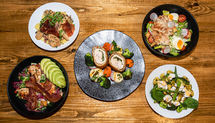 Fusion food, Chicken and avocado with Pasta and vegetables