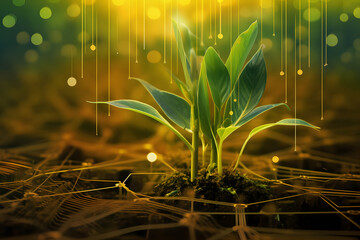 The Digital Green Thumb: Uniting Technology and Plant Life, Cyber plants, future, seedlings, farming, leaves (generated with a help of ai) - obrazy, fototapety, plakaty