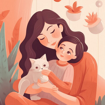 Simple and Elegant Mother's Day Poster: Gentle Mother Holding Cute Child in Flat-Illustration, Cozy Living Room, Warm Colors