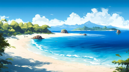 Beautiful seascape with blue ocean and sandy beach. Generative AI technology.