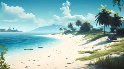 Obraz na płótnie Canvas Beautiful seascape with blue ocean and sandy beach. Generative AI technology.