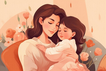 Obraz premium Cozy Living Room Mother's Day Poster: Loving Mother and Child Bonding, Flat-Illustration, Warm Colors, Sparkling Eyes