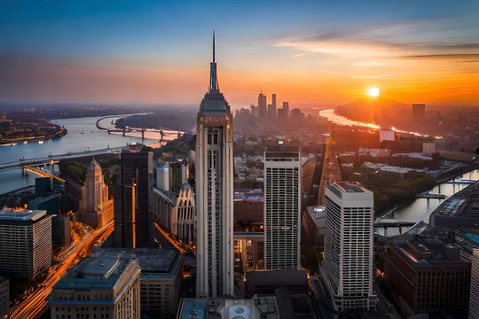 a sunset over a city skyline