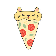 Cute pizza slice with kawaii cat face cartoon character illustration. Hand drawn style design, line art, isolated vector. Kids print element, food logo, baking, cooking, cafe menu