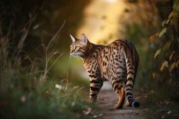 Naklejka na ściany i meble Bengal cat forest walking. Generate Ai