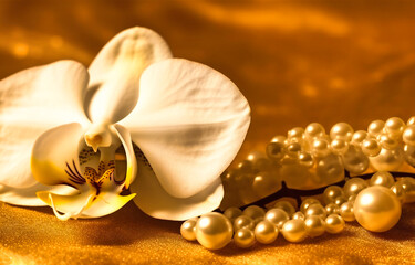 a white orchid is on a golden background with pearls