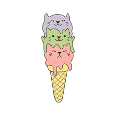 Cute ice cream cone with kawaii cat face cartoon character illustration. Hand drawn style design, line art, isolated vector. Kids print element, food logo, sweets, dessert, cafe menu