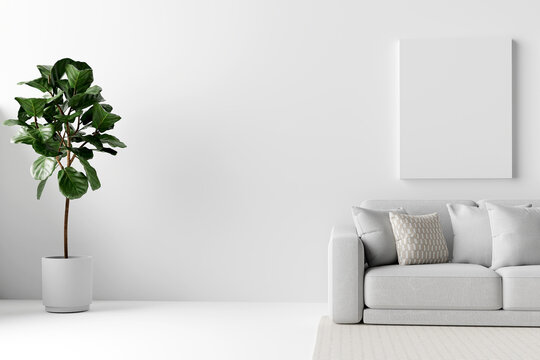 Stylish interior of living room with design white sofa, mock up poster frame, decoration , carpet in elegant home decor. 3d render